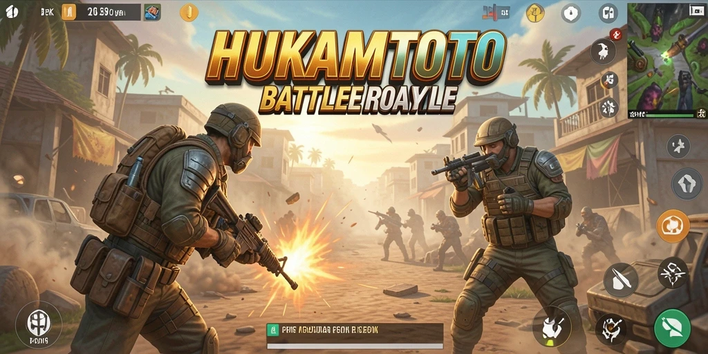 Tangkapan layar utama HUKUMTOTO menampilkan aksi intens dalam permainan Battle Royale.