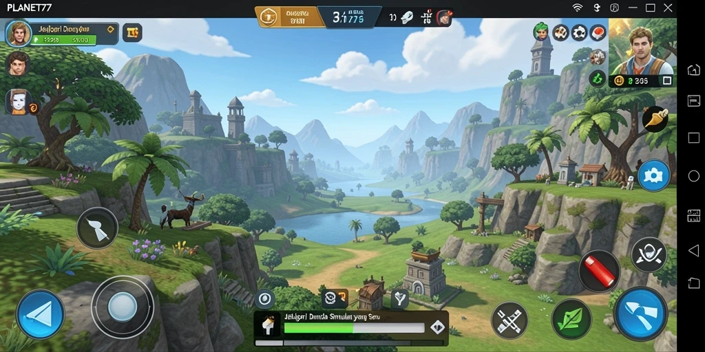Screenshot utama PLANET77 menunjukkan gameplay yang imersif dalam simulasi planet.