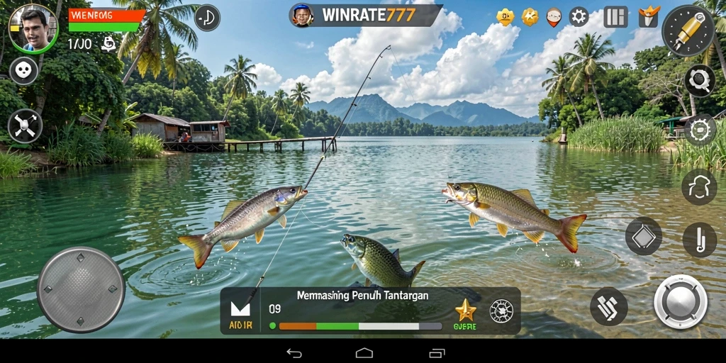 Tangkapan layar menampilkan aksi seru dalam permainan memancing.